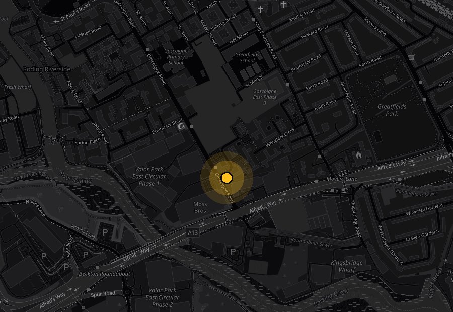Map of Gascoigne Road, Barking, with the gym marked